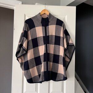 Jones New York Signature Plaid Poncho Wrap Cape Coat L/XL Black Beige Open Front